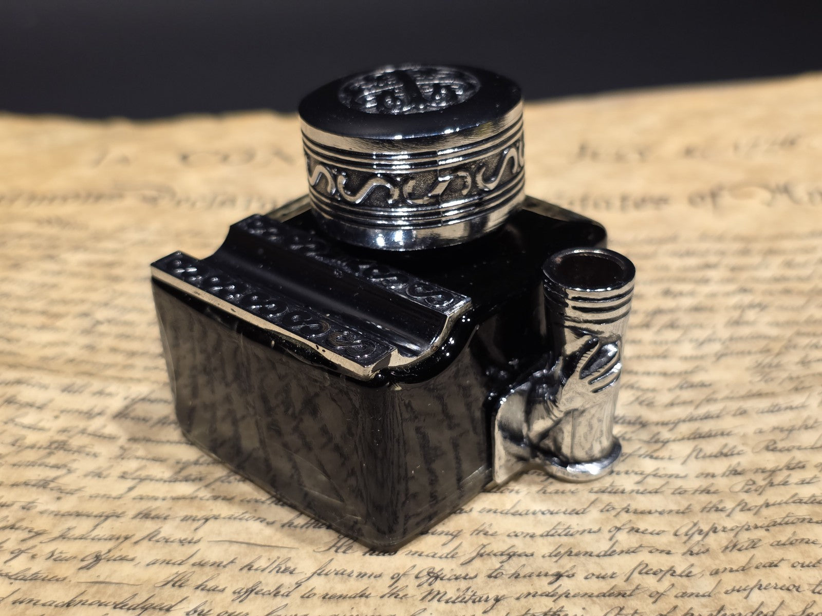 5" Antique Style Glass Inkwell Pen Rest Filled with 1.75 oz Black Ink