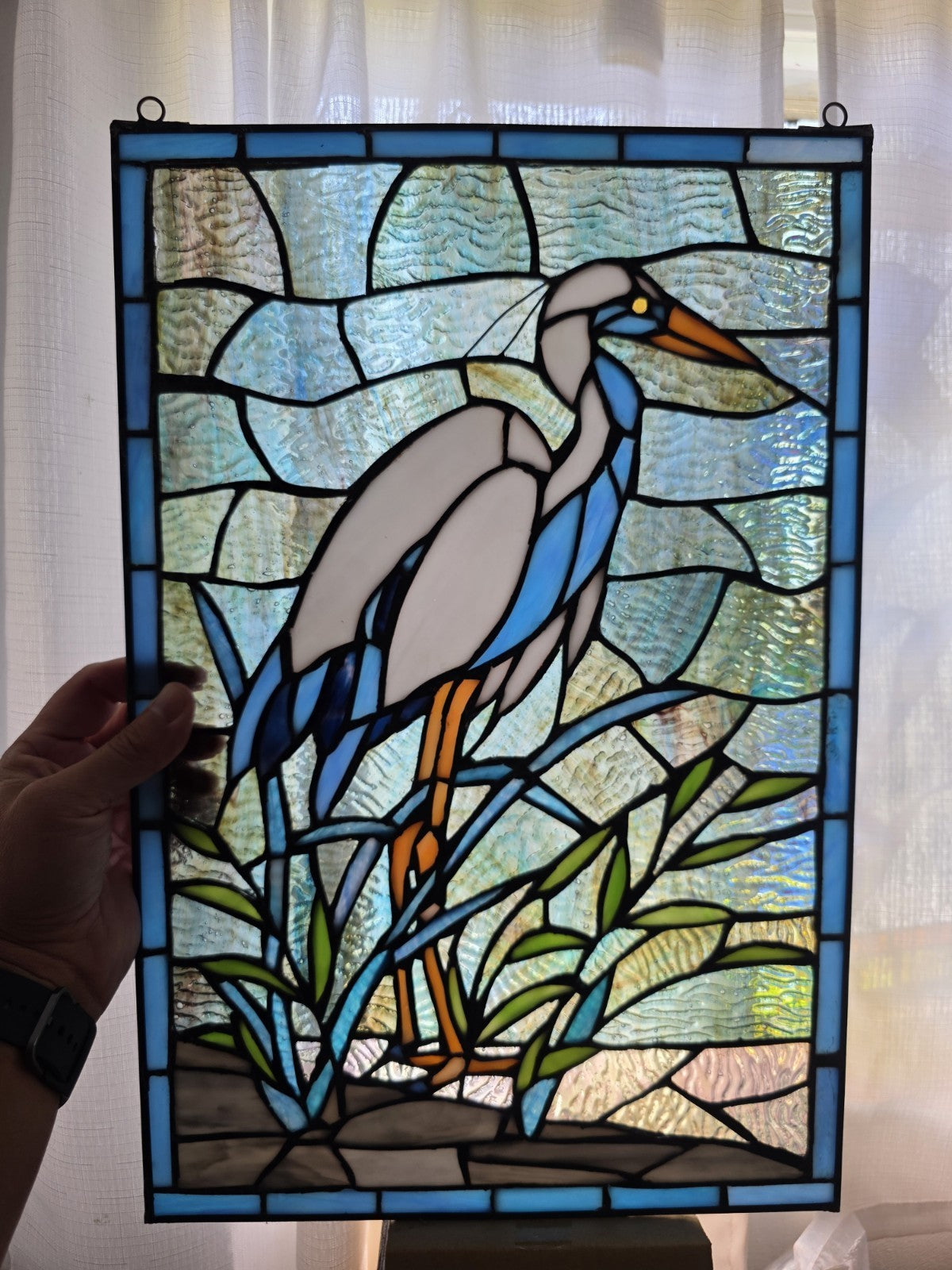 18"  White & Blue Crane Stained Glass Window Panel