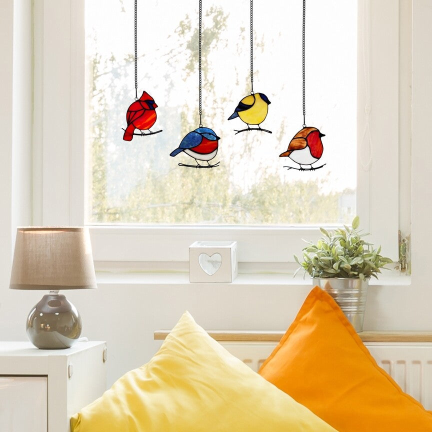 4.5" Set of 4 Stained Glass Birds Mini Window Hanging