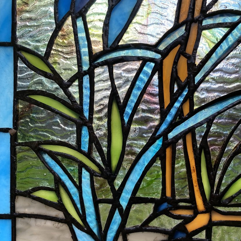 18"  White & Blue Crane Stained Glass Window Panel