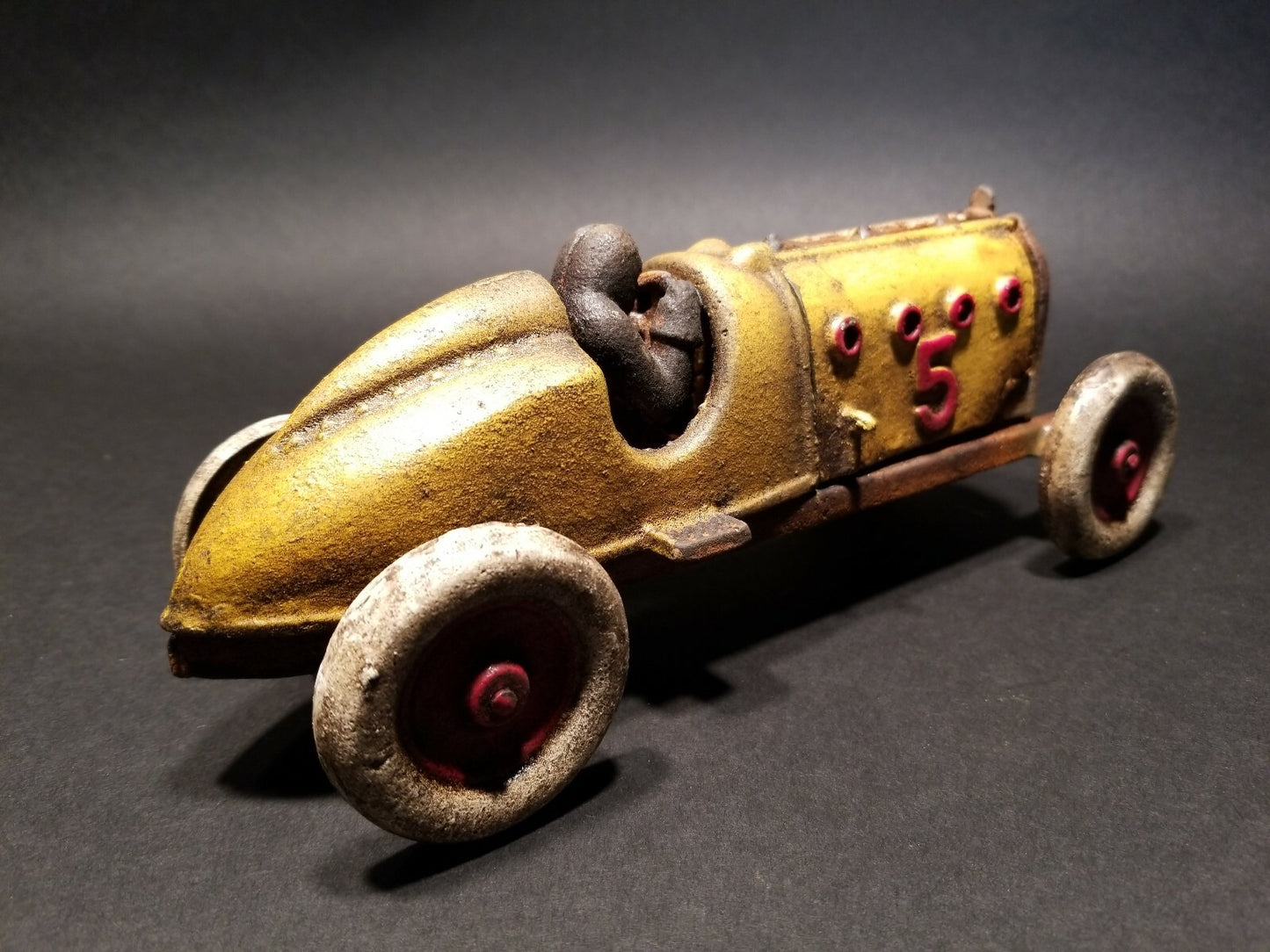 Antique Vintage Style Yellow Cast Iron #5 Toy Race Car w Lifting Hood