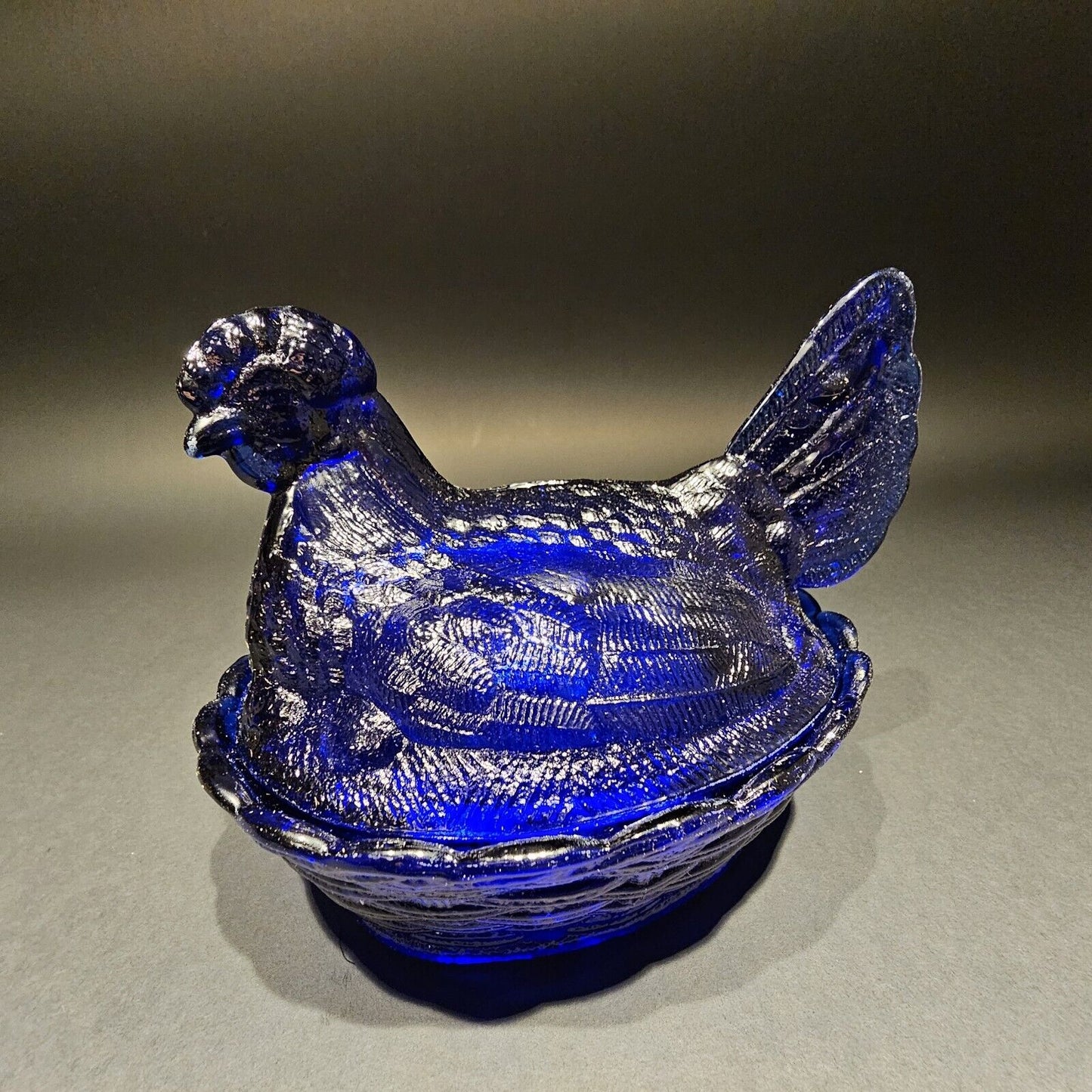 Antique Vintage Style Cobalt Blue Depression Glass Chicken Hen On Nest Dish