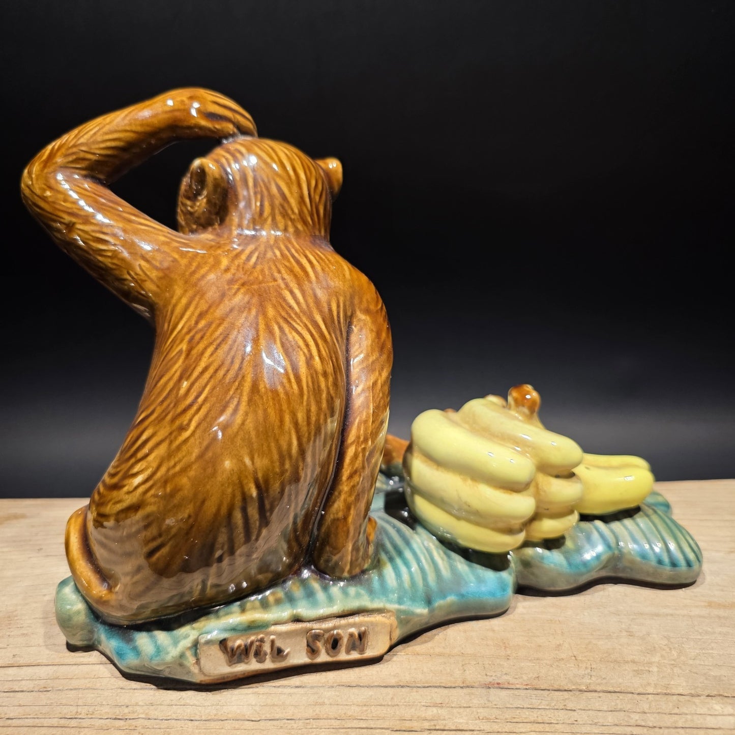 8" Majolica Style Monkey with Bananas Figurine – Wilson Ceramic Statue