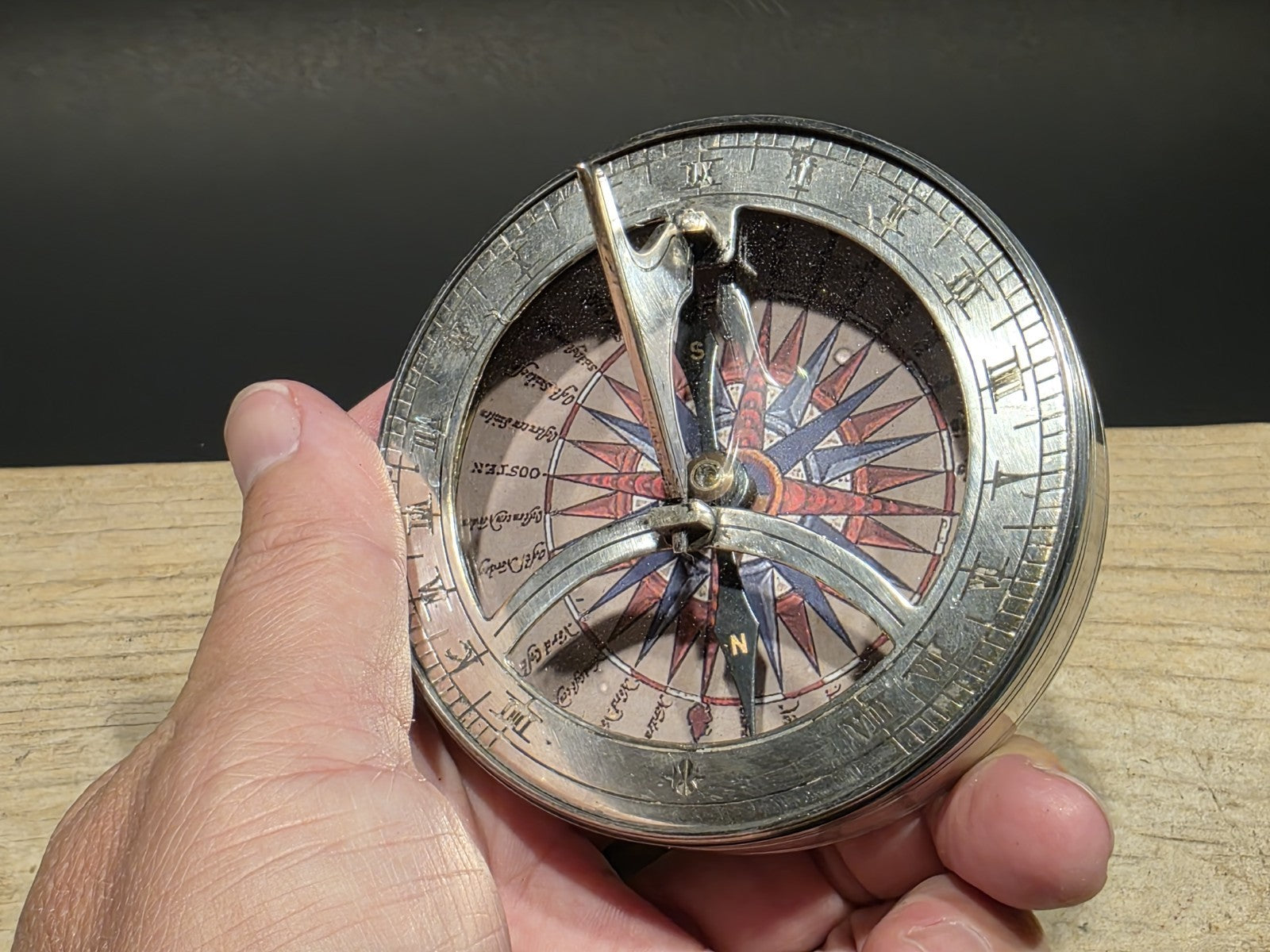 Antique Style Silver Plated Bronze Sundial Compass