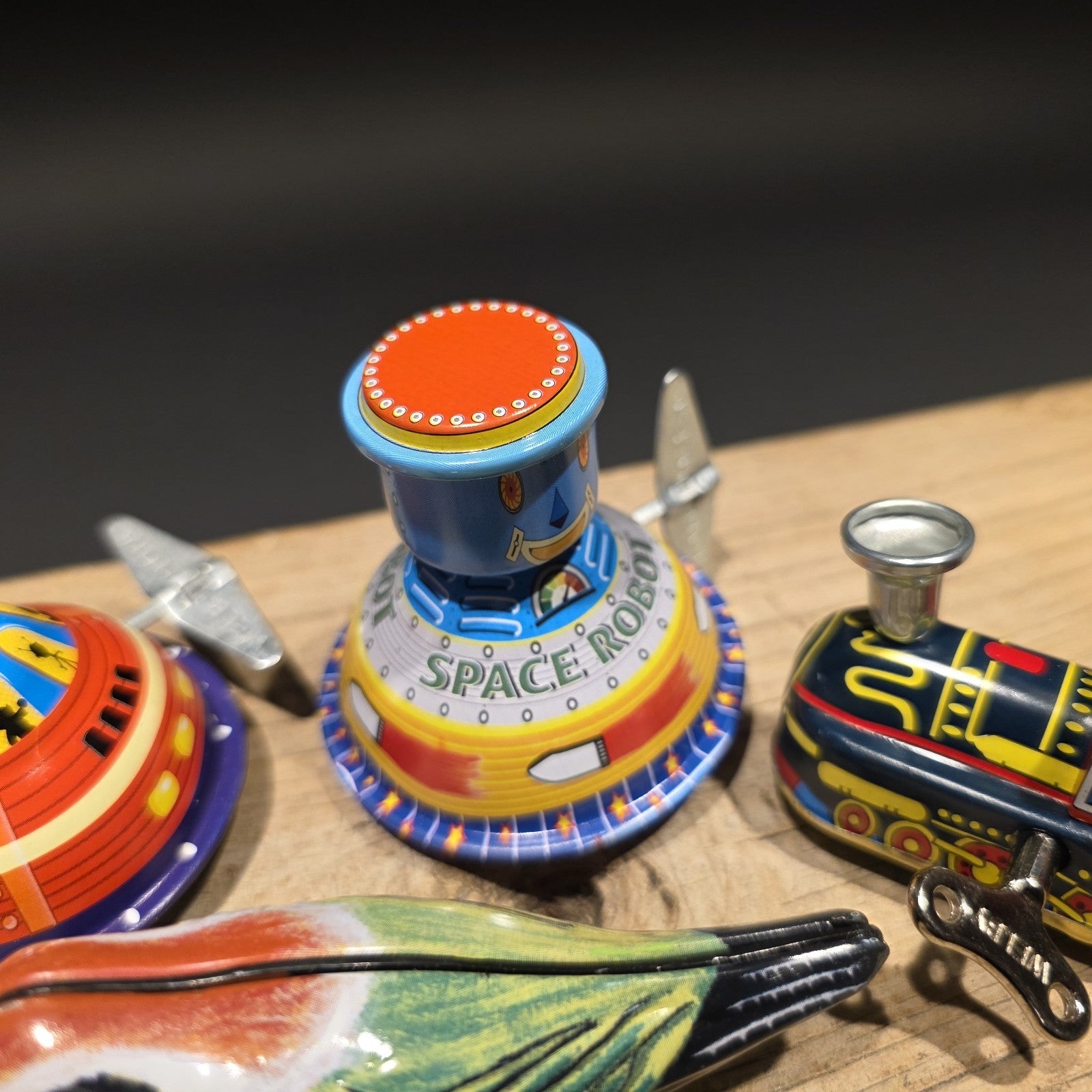Vintage Tin Litho Wind-Up 5 Toy  Lot – Robot UFO Bird Train Cricket