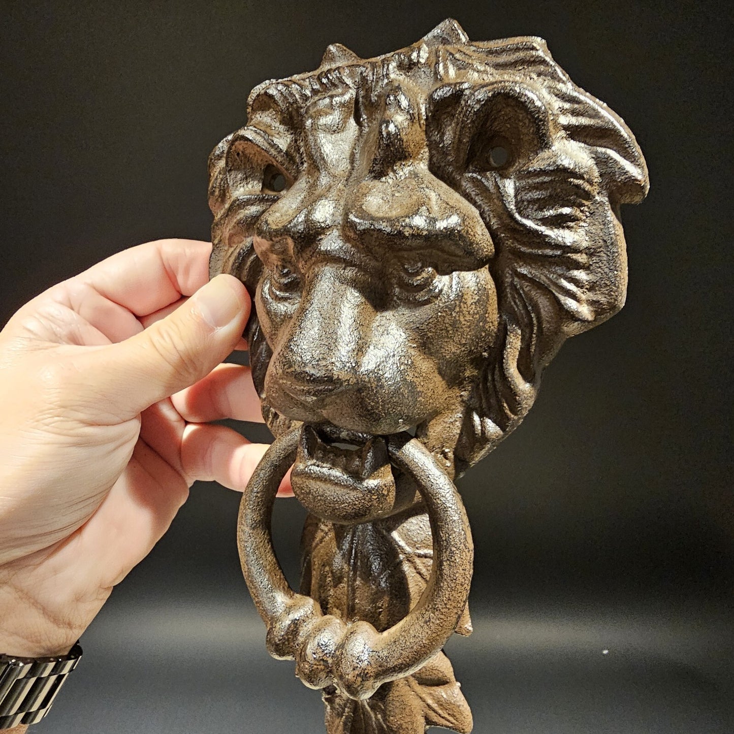 Antique Vintage Style Cast Iron Lion Door Knocker w Hook