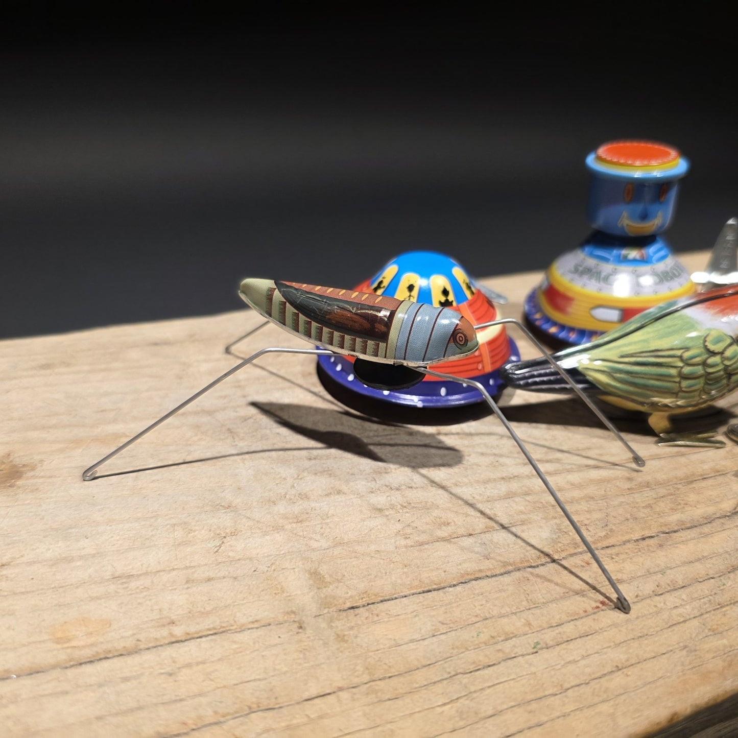 Vintage Tin Litho Wind-Up 5 Toy  Lot – Robot UFO Bird Train Cricket