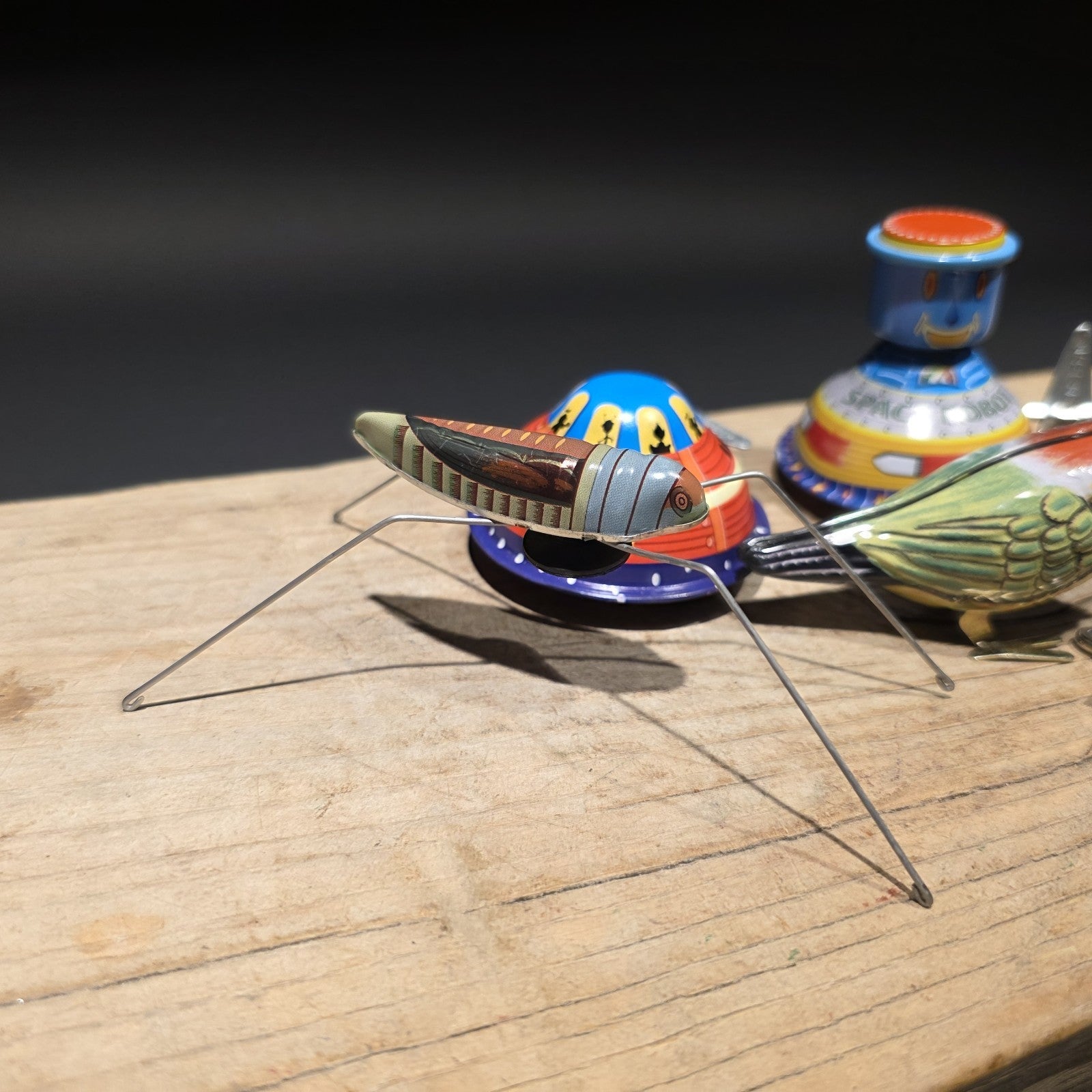Vintage Tin Litho Wind-Up 5 Toy  Lot – Robot UFO Bird Train Cricket
