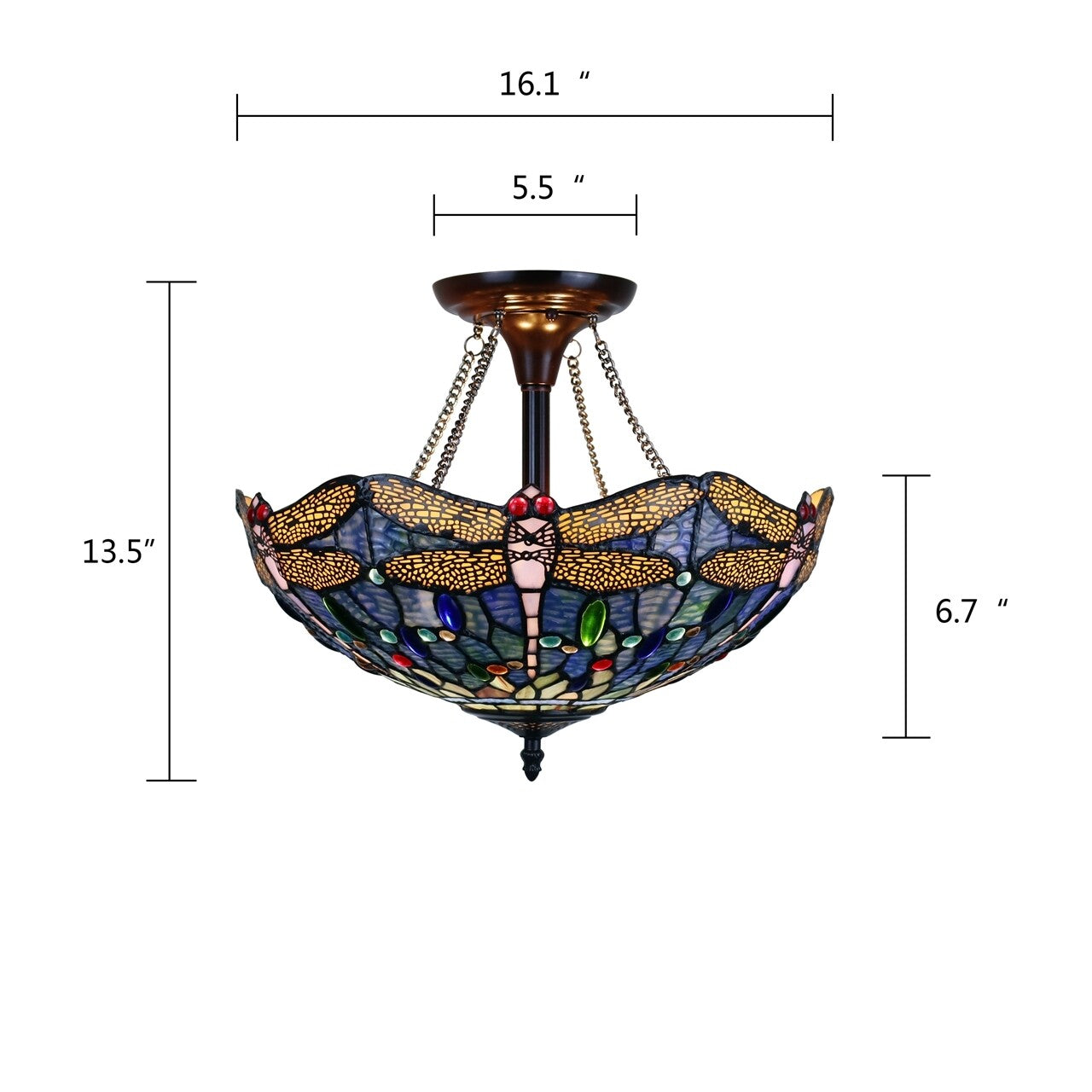 16" Dragonfly Stained Glass Semi Flush Ceiling Uplight
