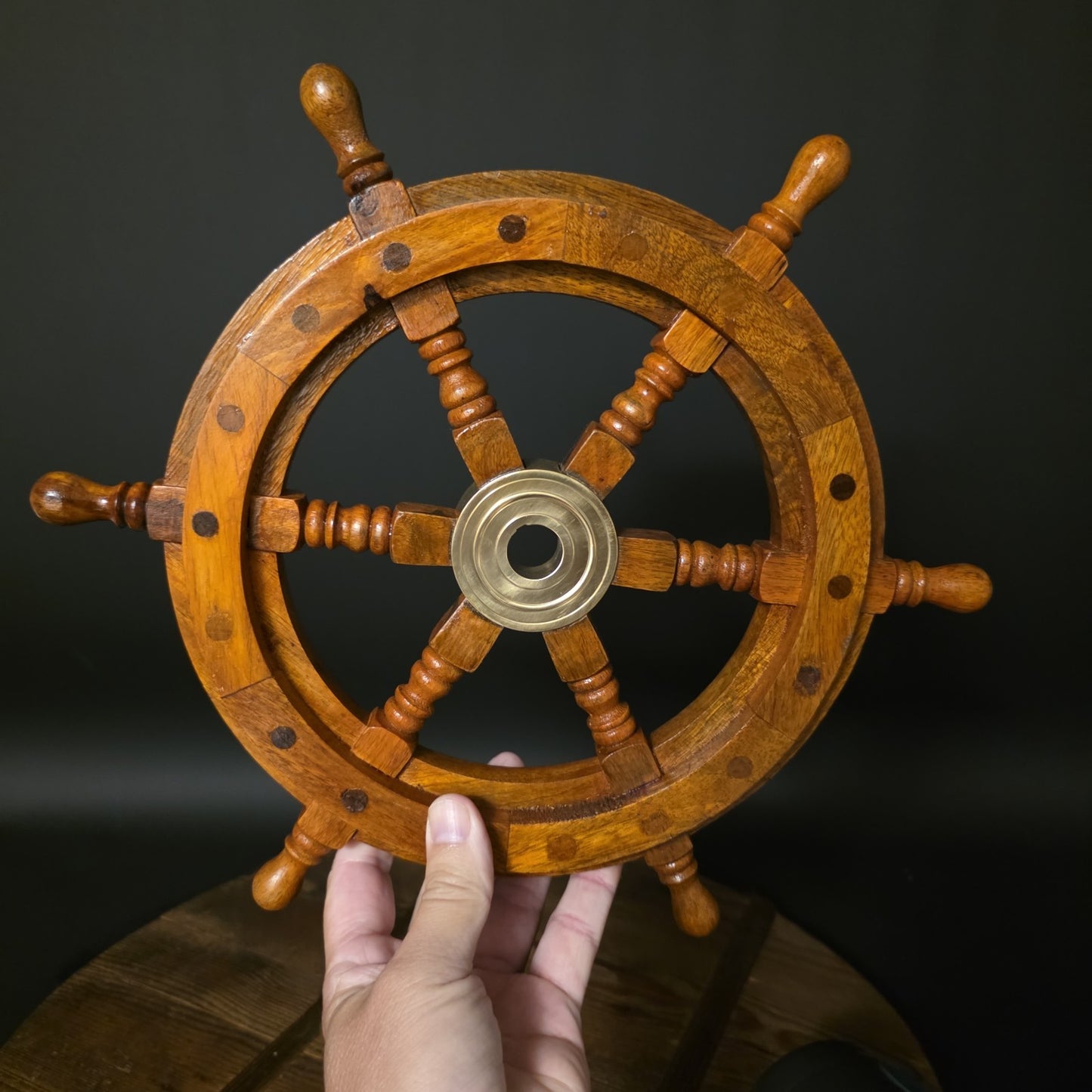 Wood Ship Wheel – Nautical Boat Helm Wall Decor Brass Center Hub