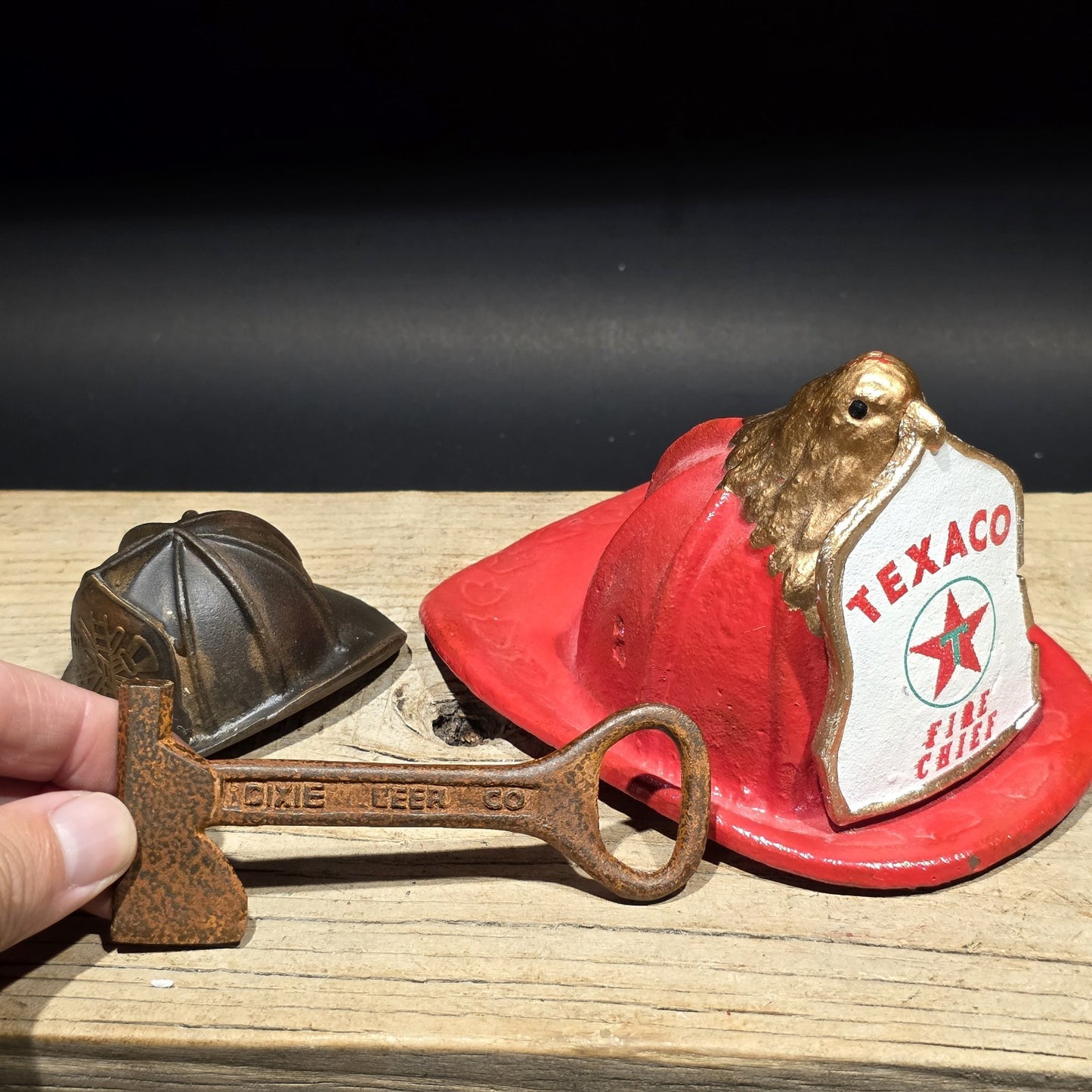 Mini Cast Iron Texaco Fire Chief Helmet Dixie Beer Axe Bottle Opener Lot