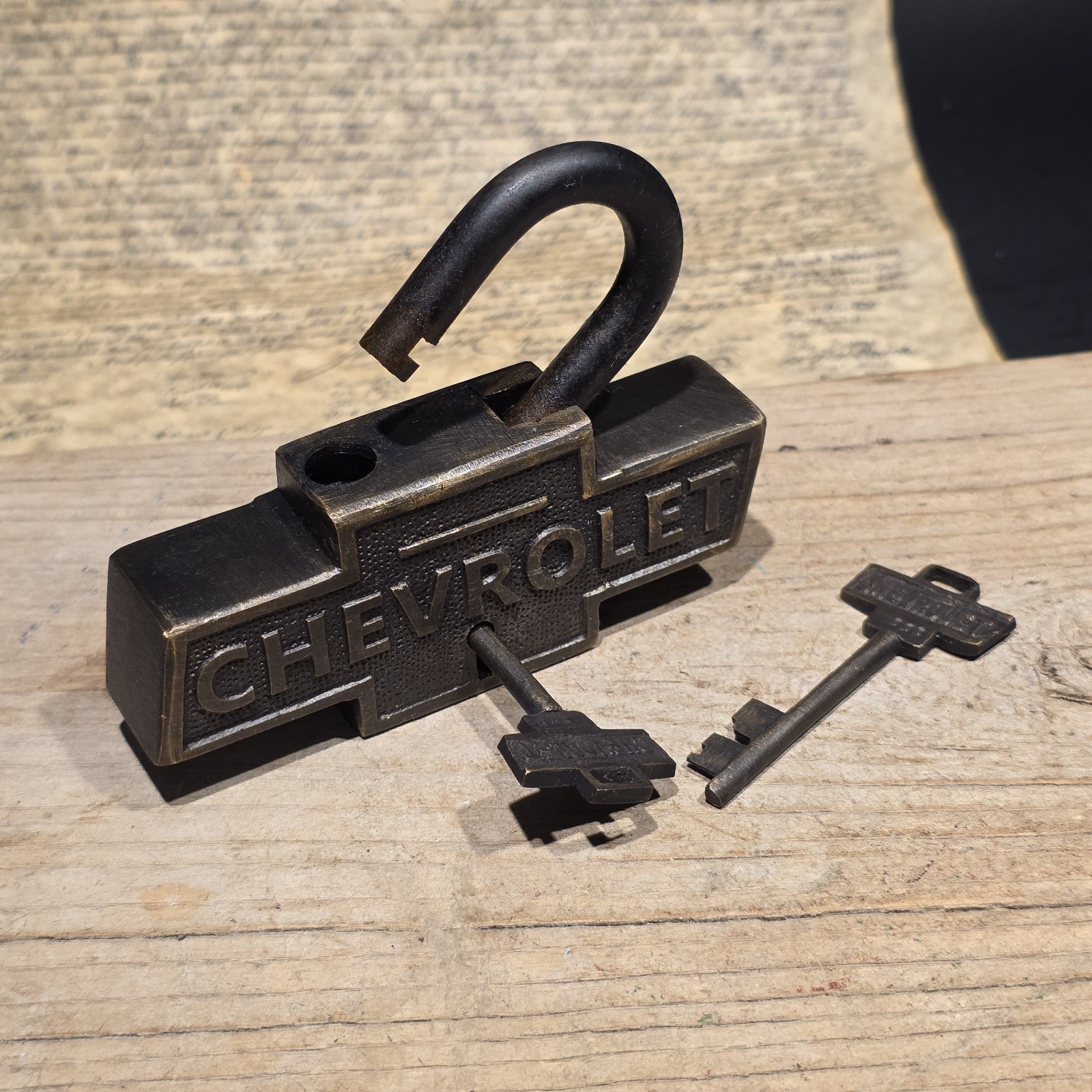 Vintage Style Brass & Iron Trunk Chest Box Chevrolet Lock Padlock
