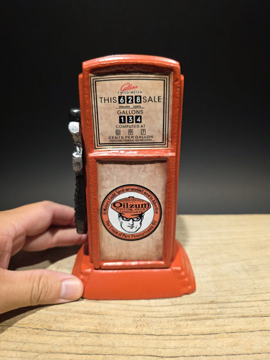 Vintage Style Metal Oilzum Gasoline Orange Mini Gas Pump Coin Bank