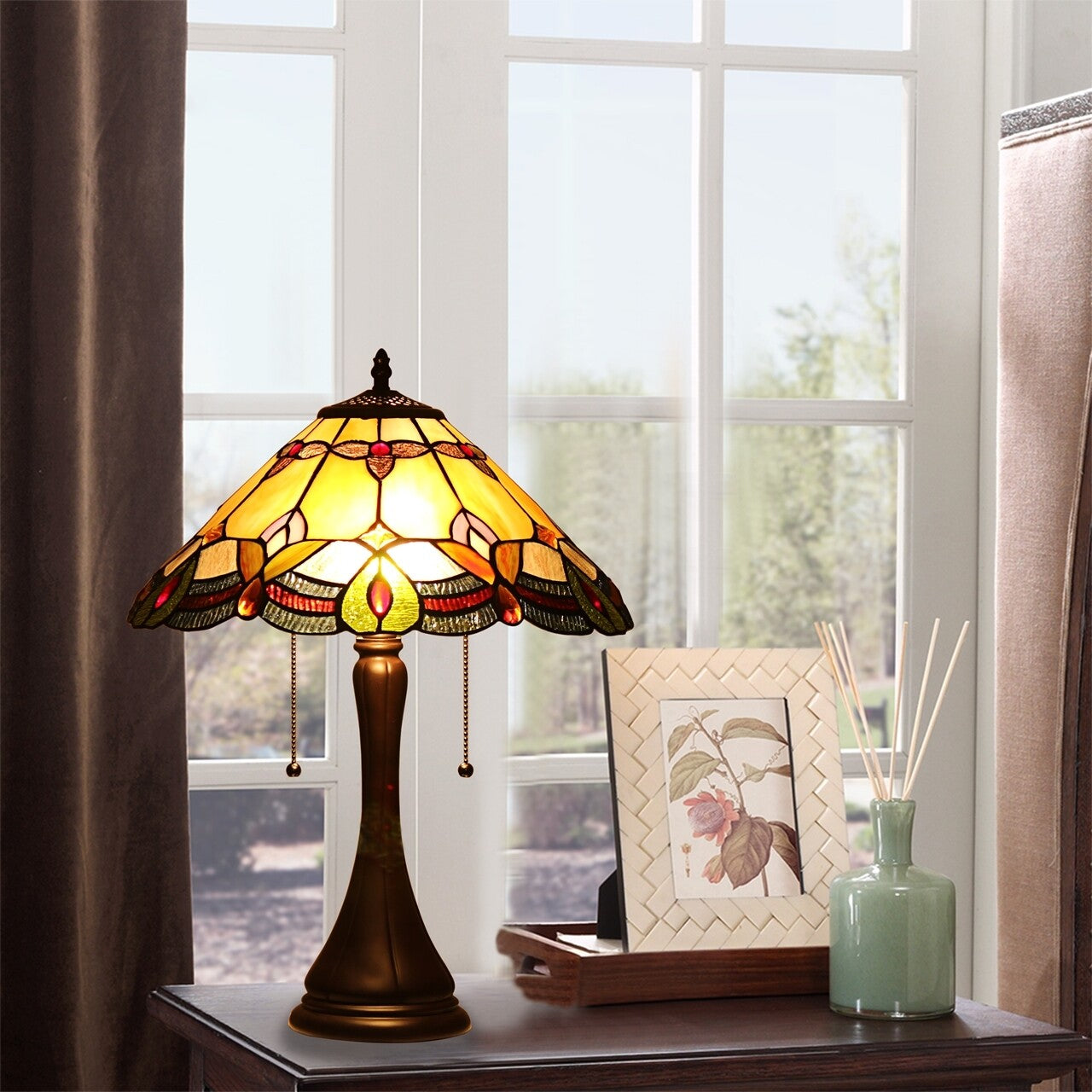 21.3" Amber Cream Colored Stained Glass Table Lamp
