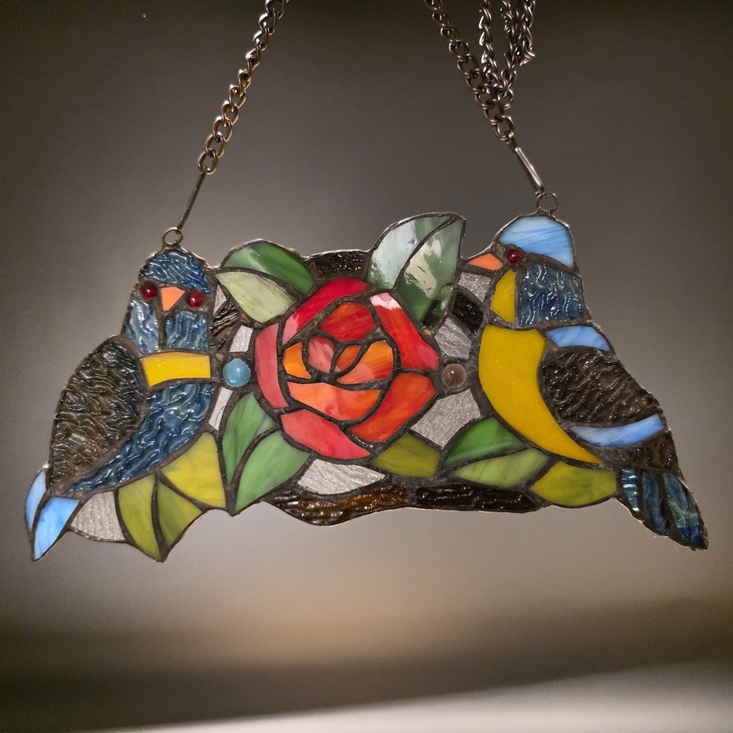 Tiffany Style Stained Glass Birds Panel – Rose Floral Suncatcher