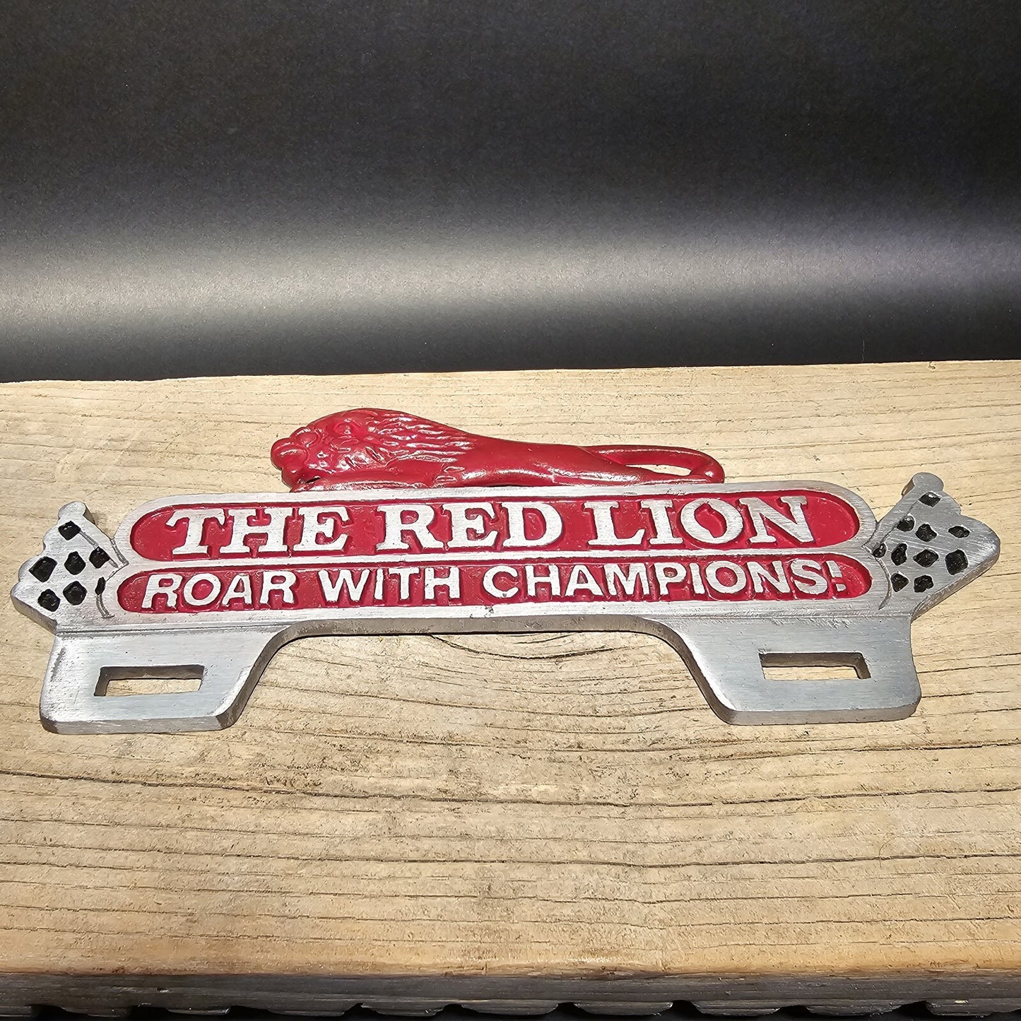 Antique Vintage Style Aluminum Red Lion License Plate Fob Topper