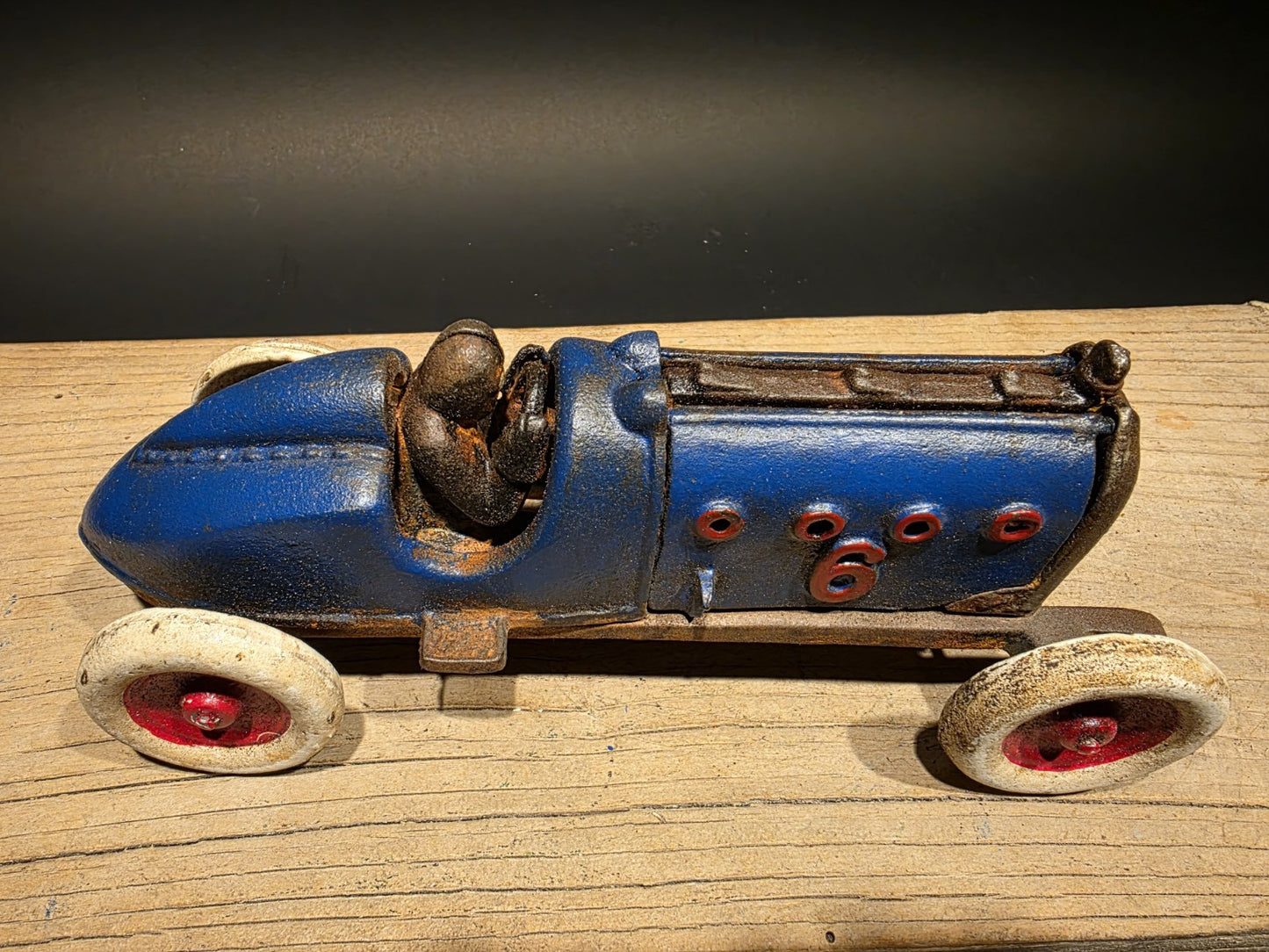 Antique Vintage Style Blue Cast Iron Toy Race Car w Lifting Hood