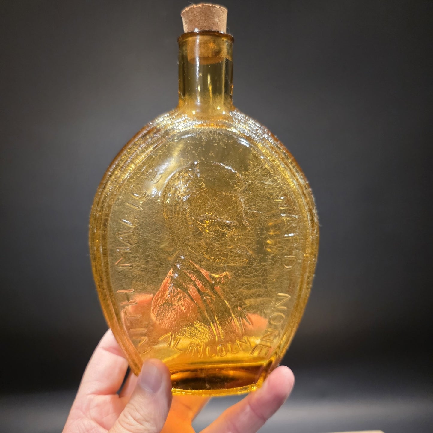 8" Vintage Style Amber Glass Abraham Lincoln Decanter Flask Bottle