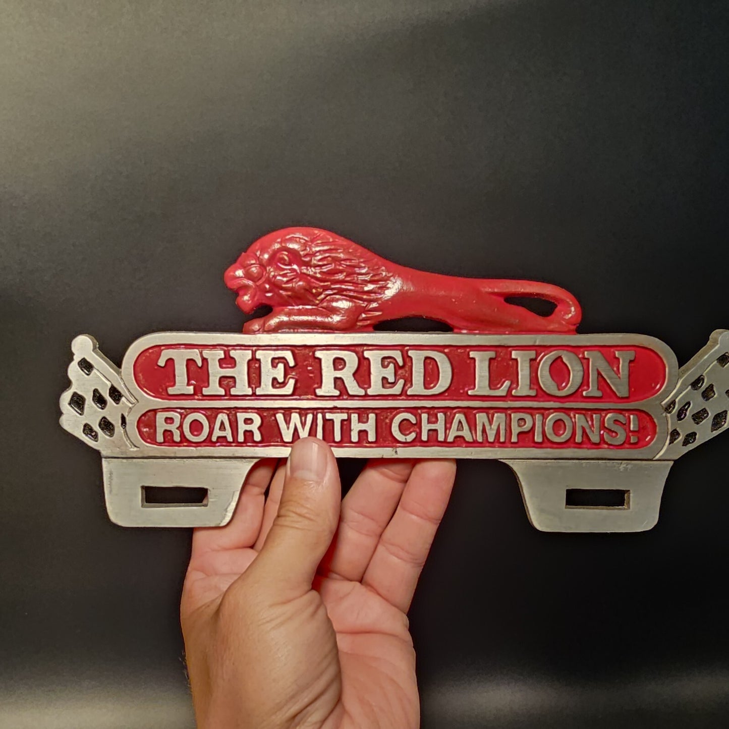 Antique Vintage Style Aluminum Red Lion License Plate Fob Topper