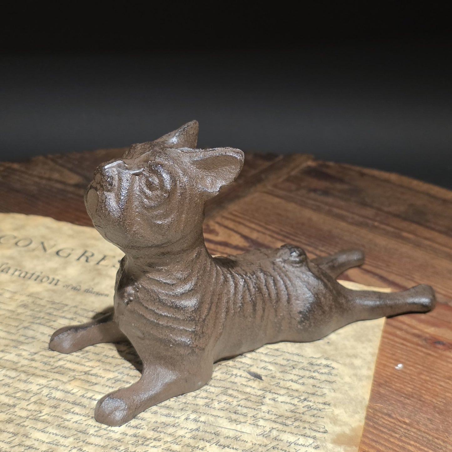 Cast Iron French Bulldog Doorstop – Vintage Style Reclining Dog Rust/Black
