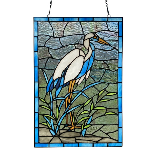 18"  White & Blue Crane Stained Glass Window Panel