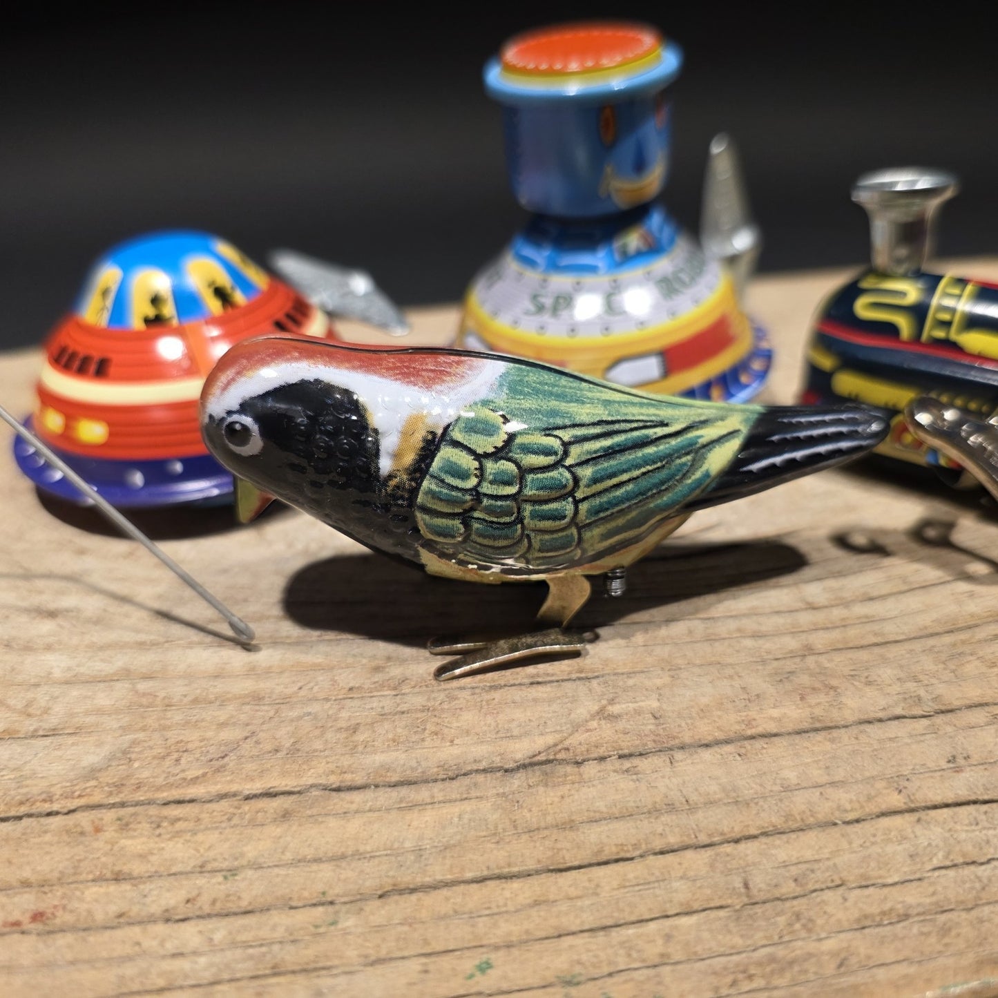 Vintage Tin Litho Wind-Up 5 Toy  Lot – Robot UFO Bird Train Cricket
