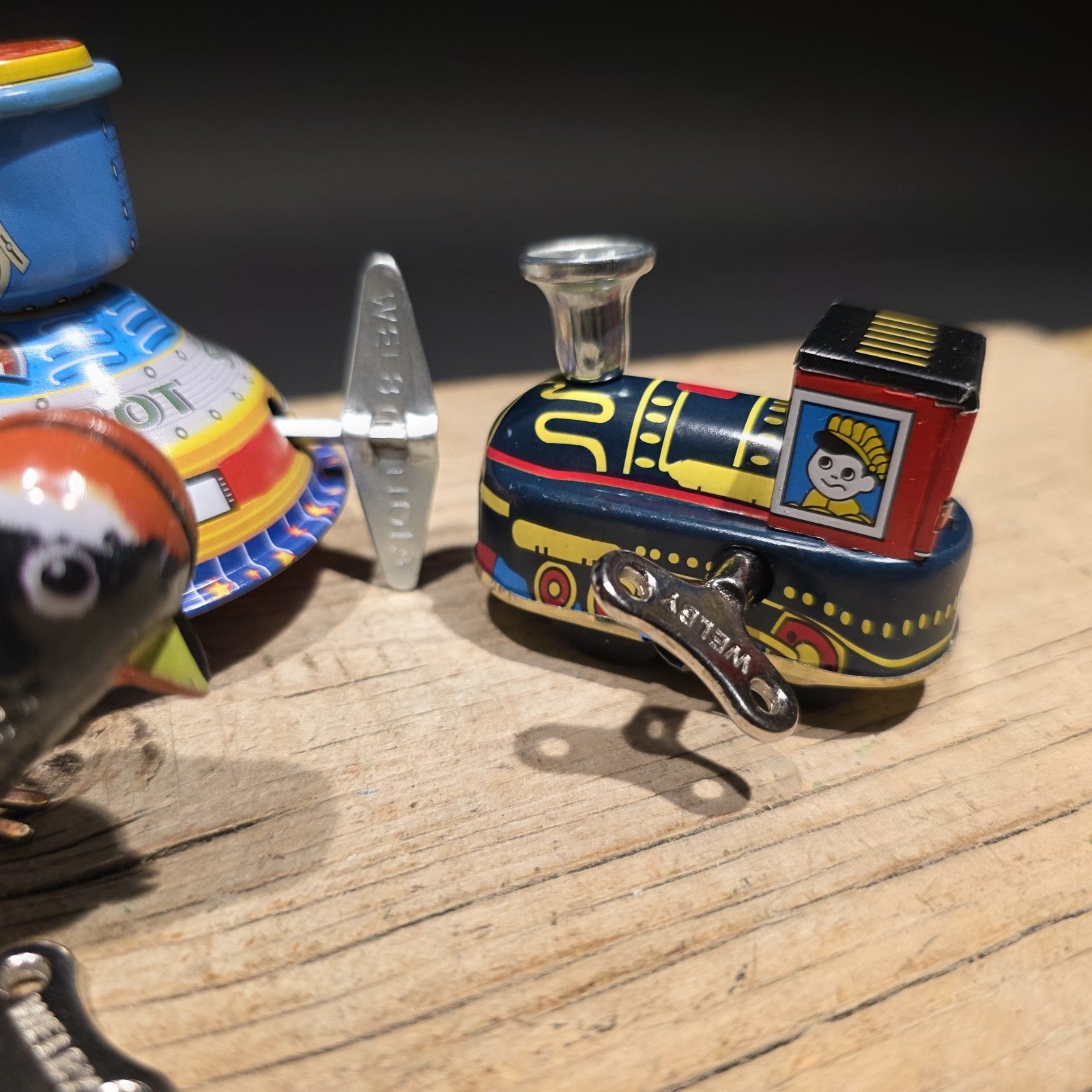 Vintage Tin Litho Wind-Up 5 Toy  Lot – Robot UFO Bird Train Cricket