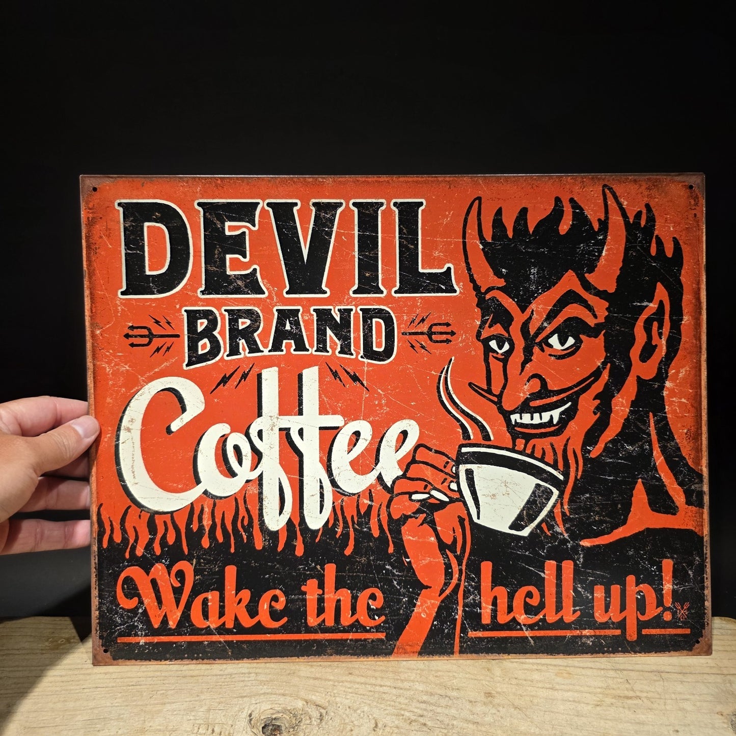 Devil Brand Coffee Tin Sign – Wake the Hell Up 