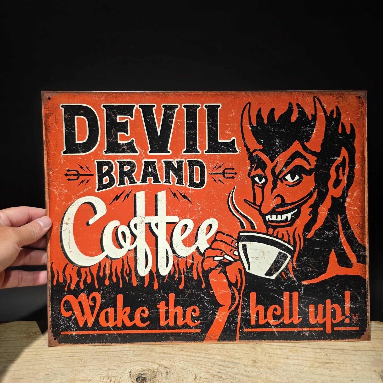 Devil Brand Coffee Tin Sign – Wake the Hell Up 