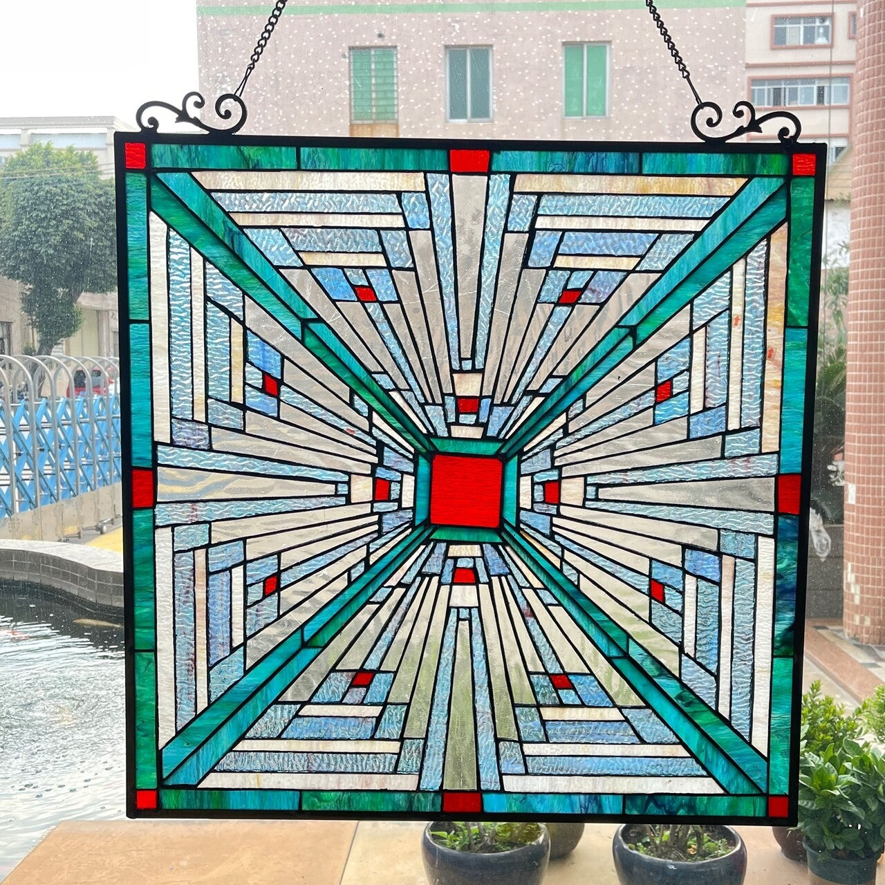26" Mission Stained Glass Hanging Window Panel Suncatcher