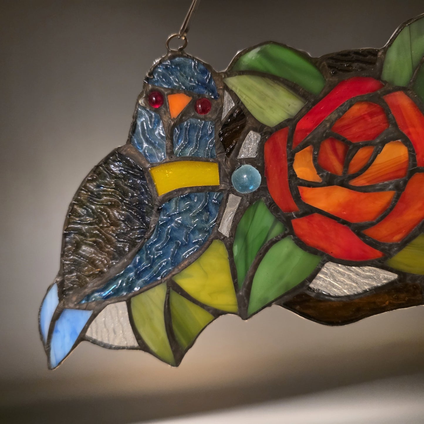 Tiffany Style Stained Glass Birds Panel – Rose Floral Suncatcher