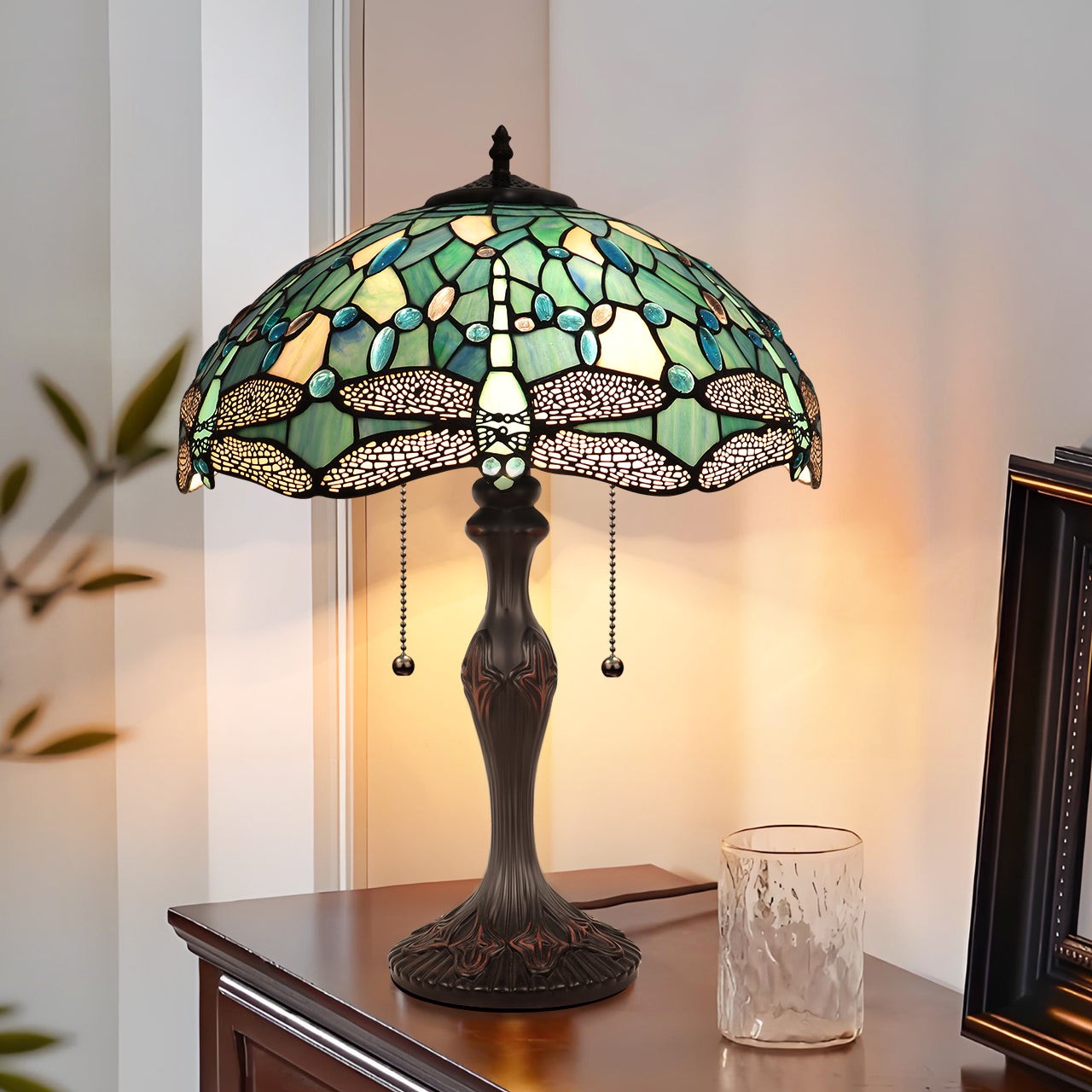22.24" Antique Vintage Style Stained Glass Dragonfly Lighted Base Table Lamp