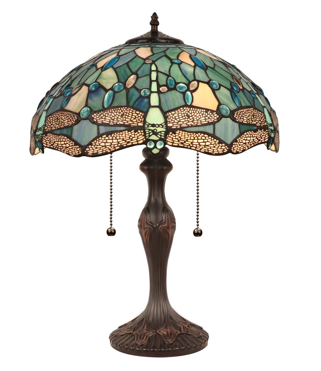 22.24" Antique Vintage Style Stained Glass Dragonfly Lighted Base Table Lamp