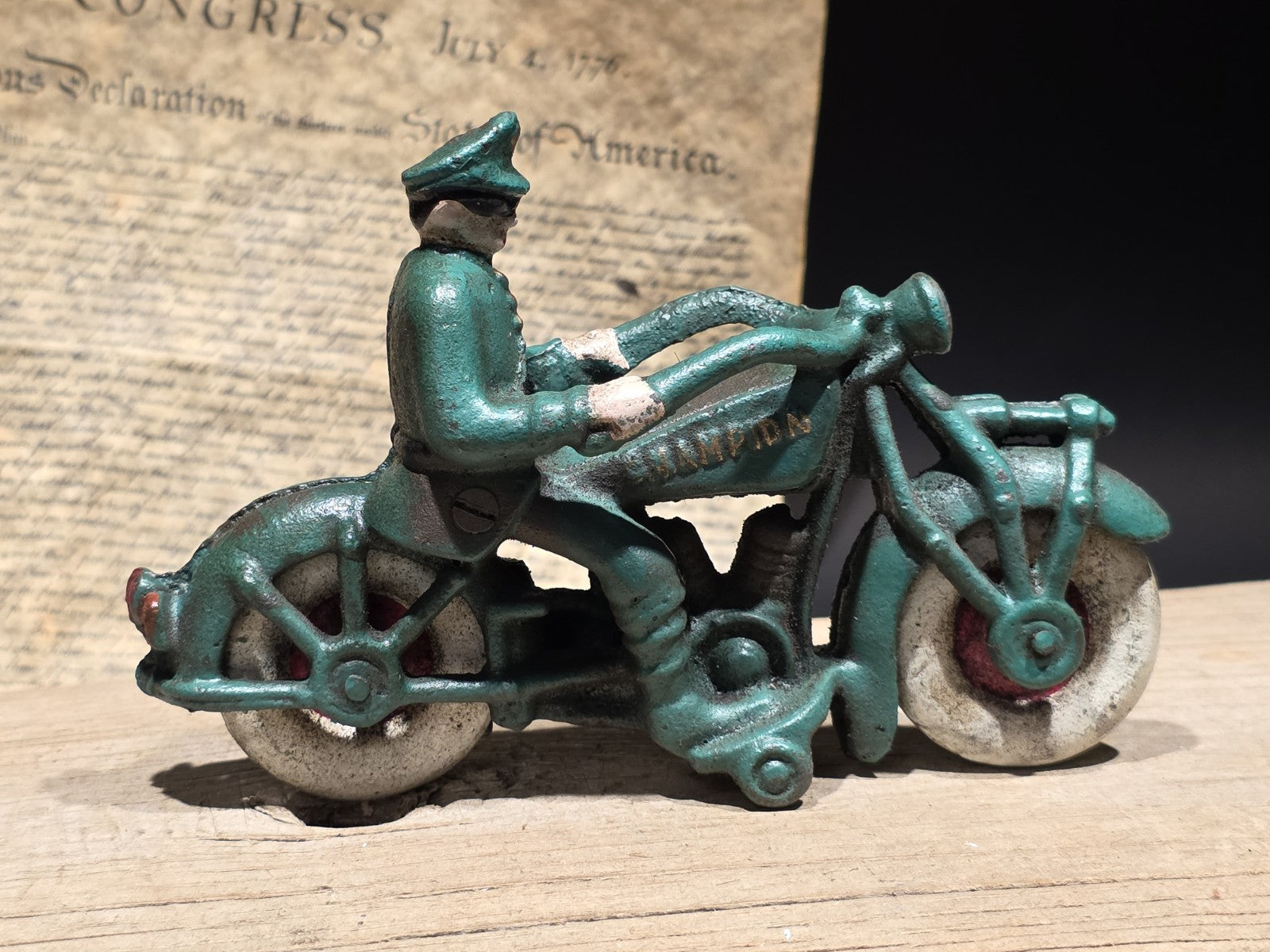 7" Vintage Cast Iron Police Motorcycle Toy Champion Patrol Officer Antique Style
