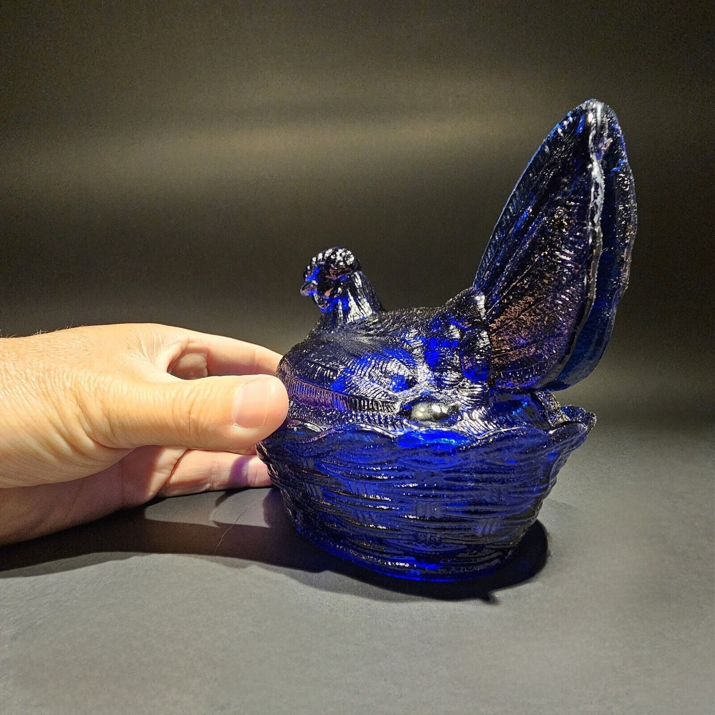 Antique Vintage Style Cobalt Blue Depression Glass Chicken Hen On Nest Dish