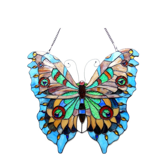 21" Blue Butterfly Stained Glass Window Hanging Panel Suncatcher