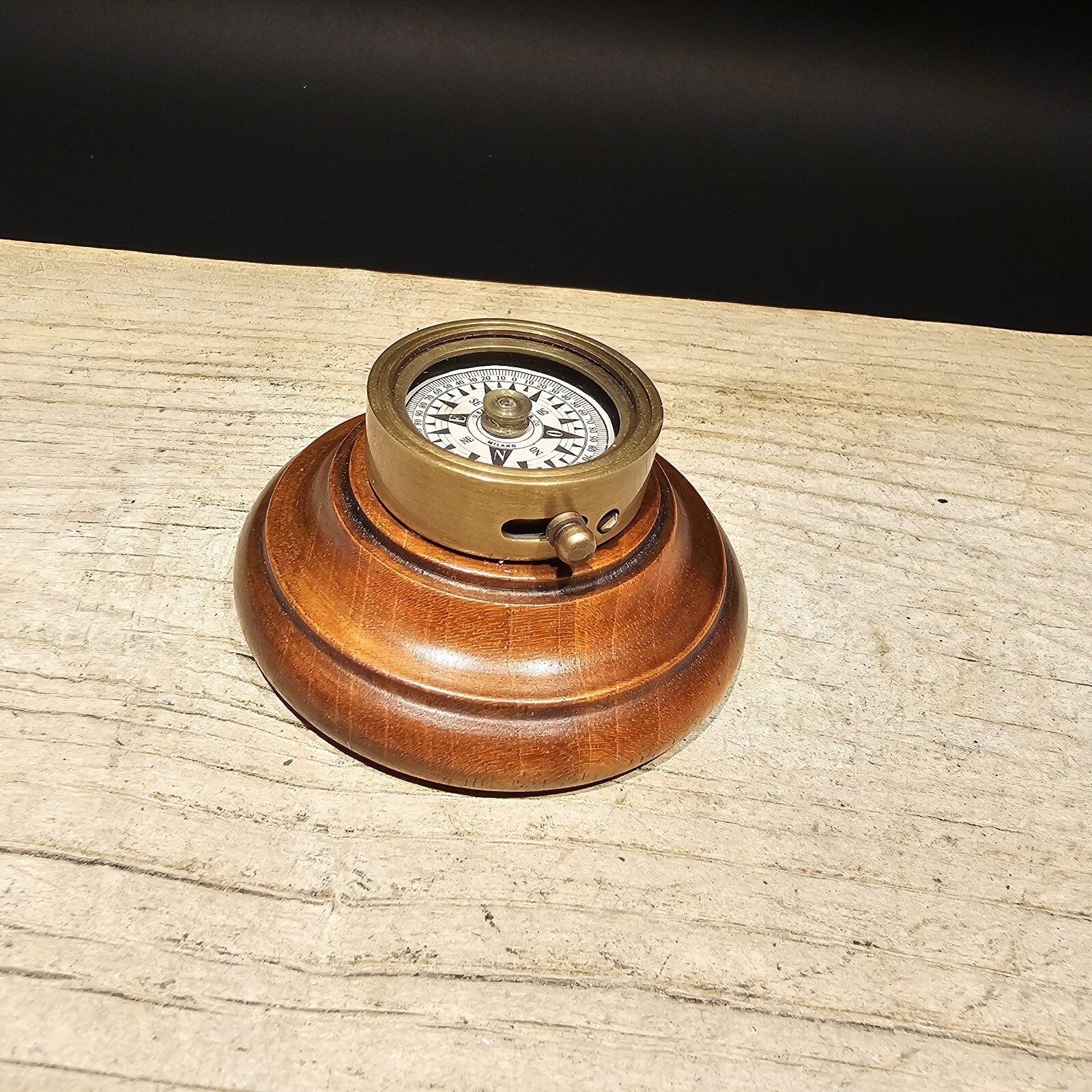 Antique Style Turned Mahagony Wood and Brass Compass