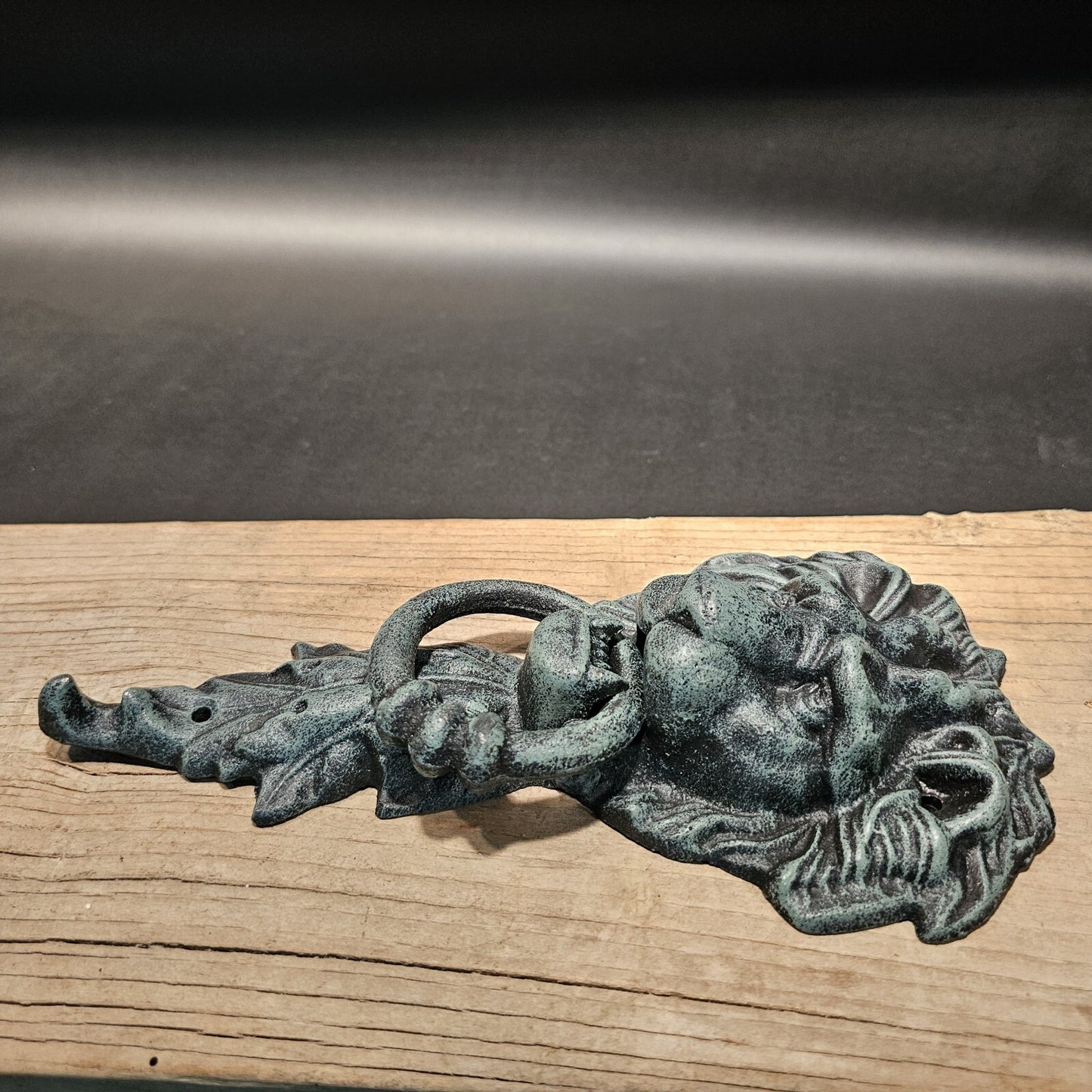 Antique Vintage Style Cast Verdi Green Iron Lion Door Knocker w Hook
