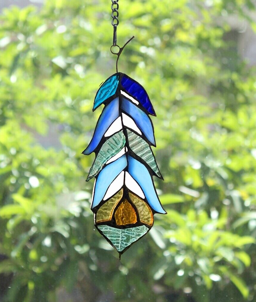 7 1/2" Stained Glass Feather Window Hanging Panel Suncatcher