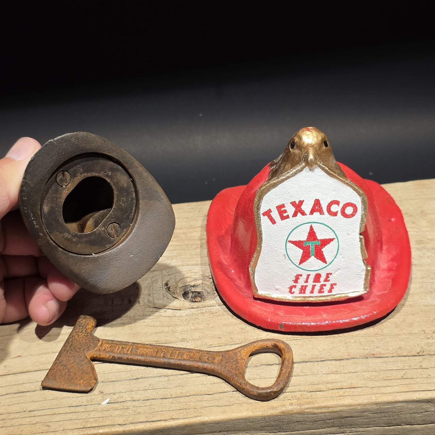 Mini Cast Iron Texaco Fire Chief Helmet Dixie Beer Axe Bottle Opener Lot