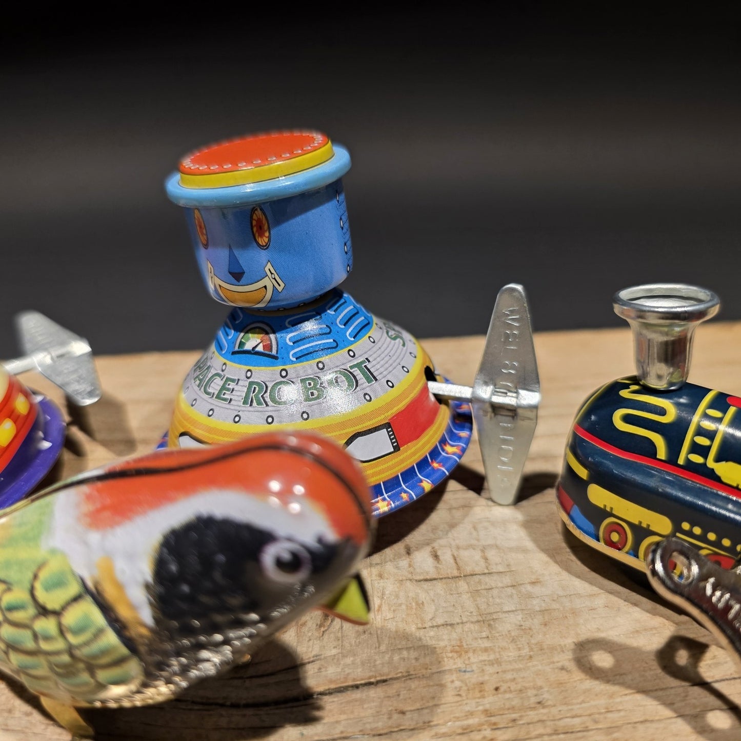 Vintage Tin Litho Wind-Up 5 Toy  Lot – Robot UFO Bird Train Cricket