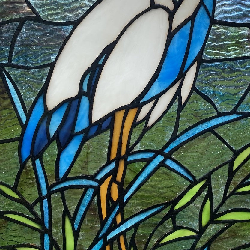 18"  White & Blue Crane Stained Glass Window Panel