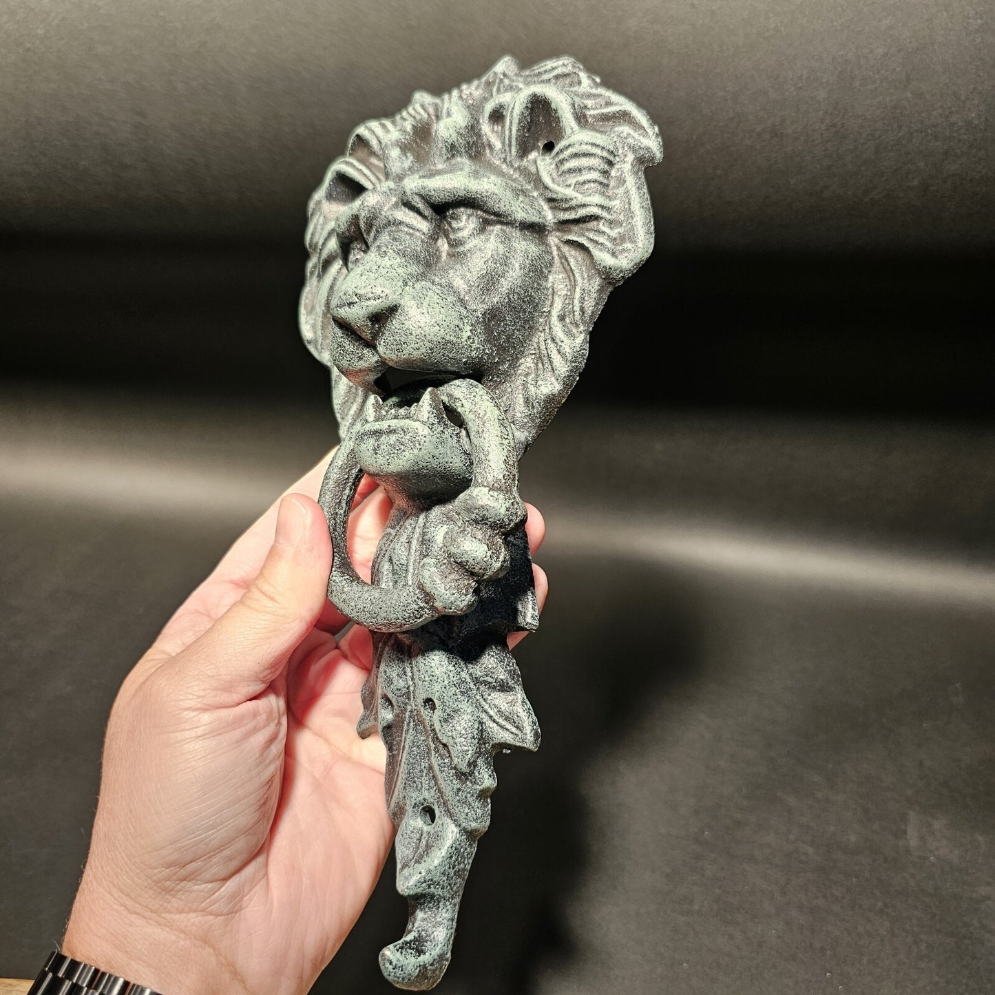 Antique Vintage Style Cast Verdi Green Iron Lion Door Knocker w Hook