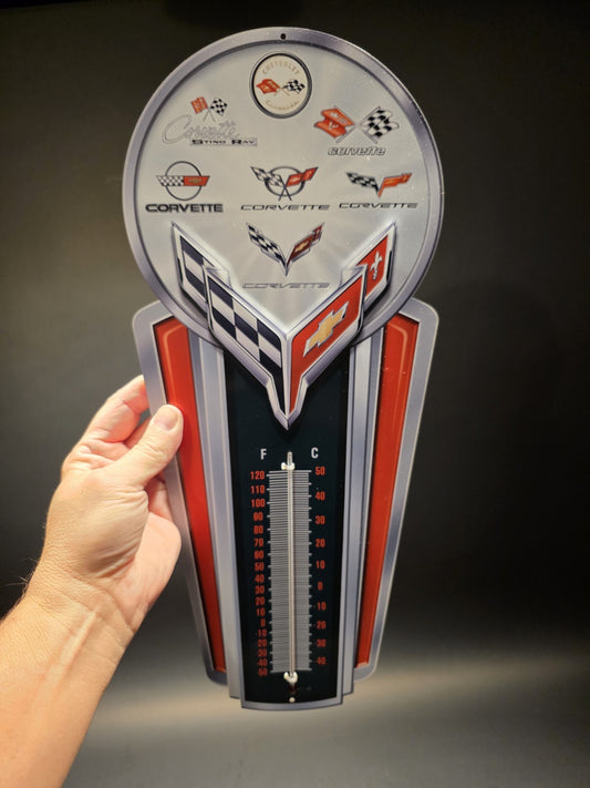 Vintage Style Metal Corvette Generations Wall Thermometer Garage Sign