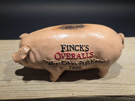 8" Antique Style Cast Iron Advertising Americana  Finck’s Overalls Coin Bank