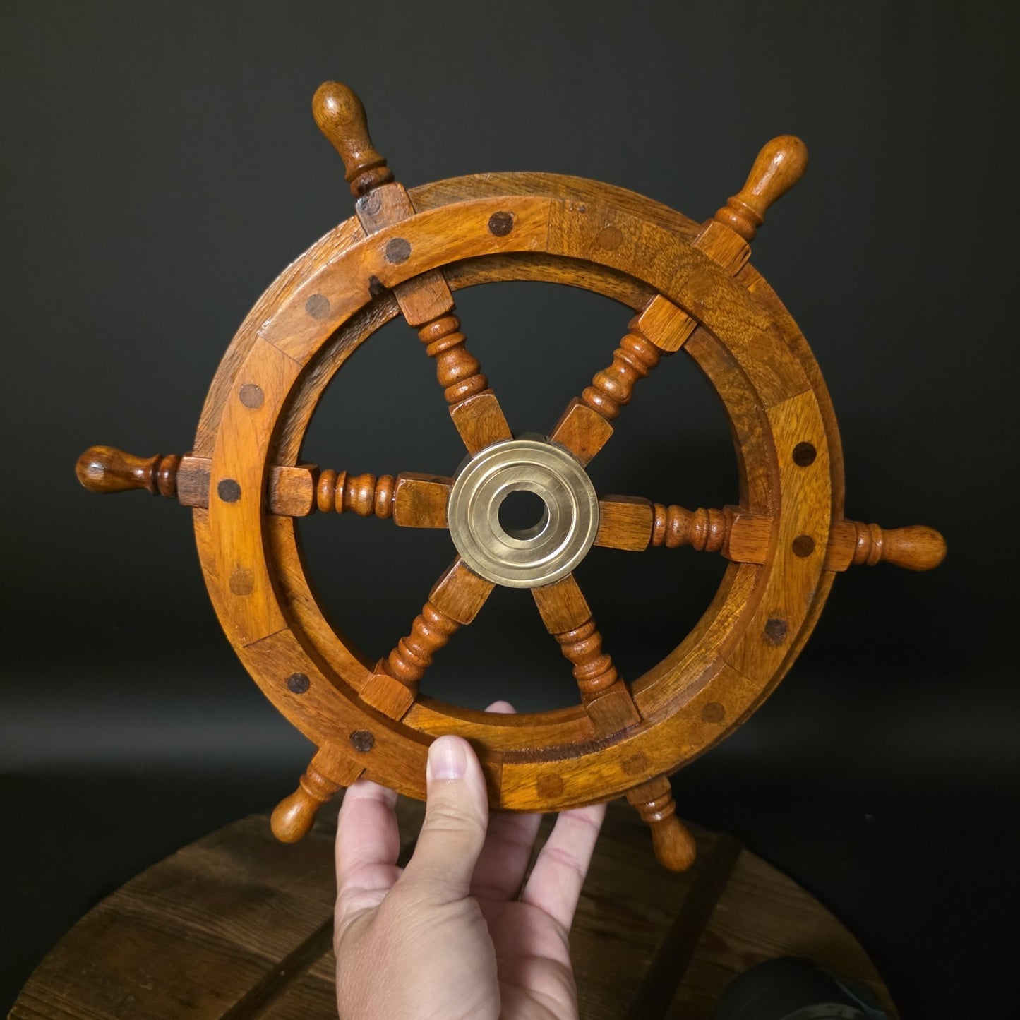 Wood Ship Wheel – Nautical Boat Helm Wall Decor Brass Center Hub
