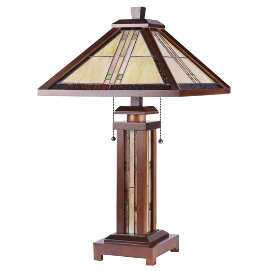25.6  3 light Antique Vintage Style Stained Glass Wood Mission Table Lamp