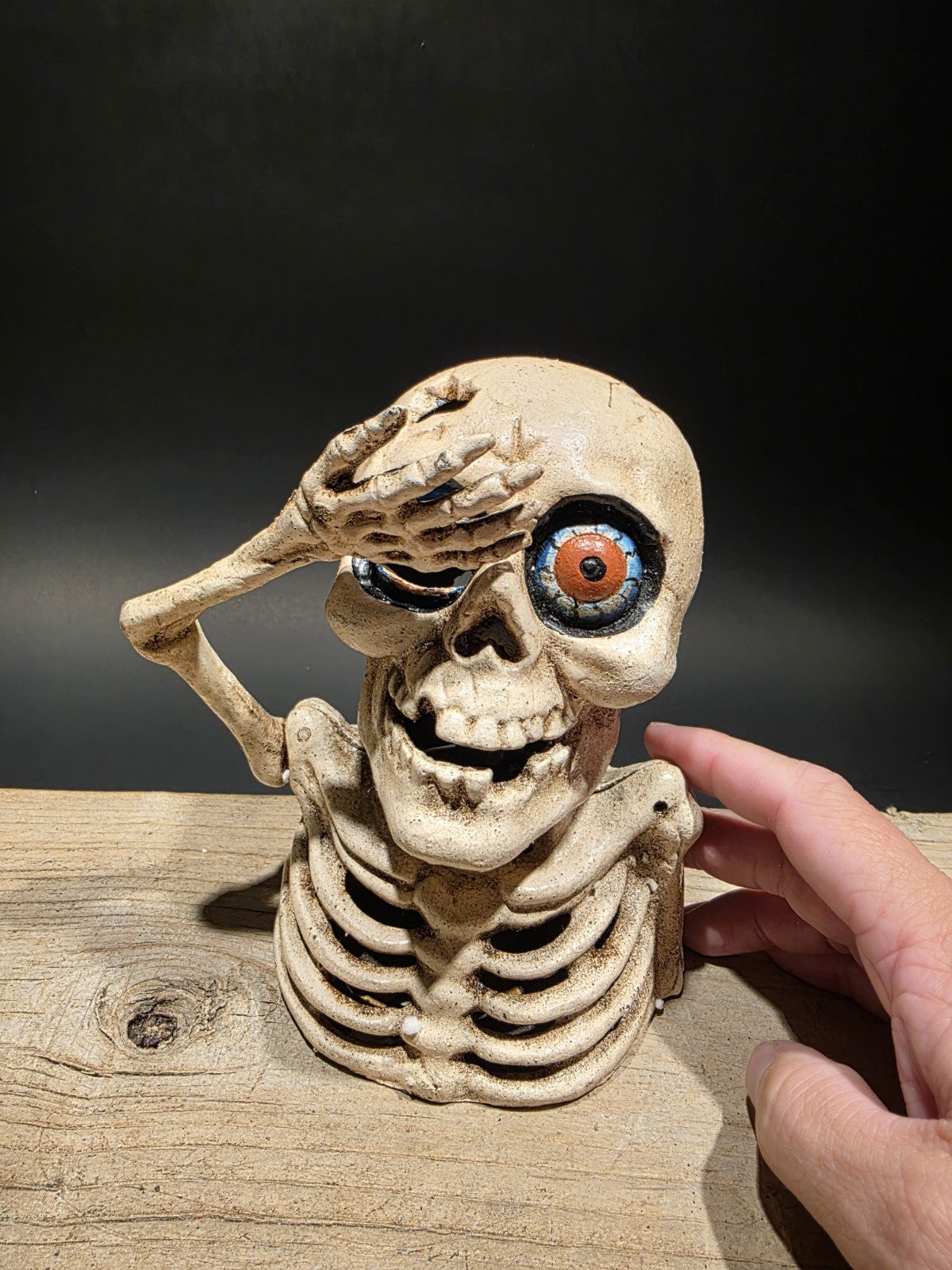 Antique Style Cast Iron Mechanical Halloween Skeleton Coin Bank