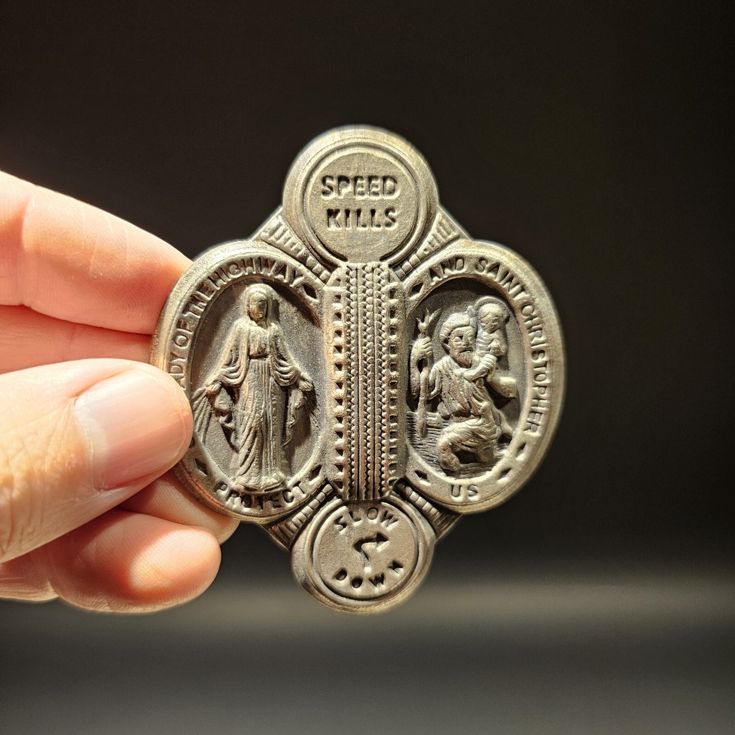 Antique Vintage Style Aluminum St. Christopher Patron of Safe Travel Visor Clip