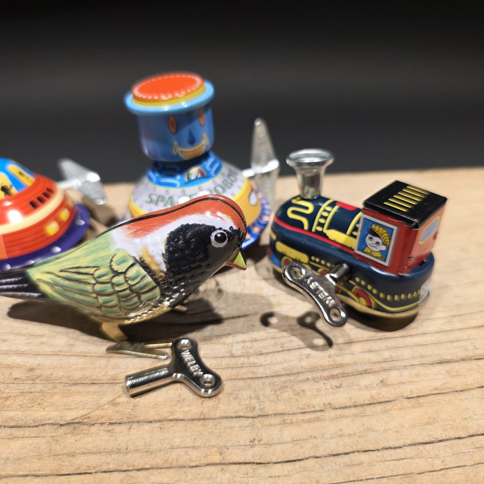 Vintage Tin Litho Wind-Up 5 Toy  Lot – Robot UFO Bird Train Cricket